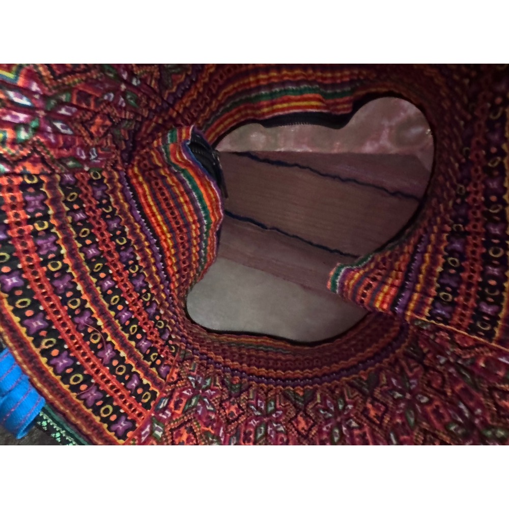 Boho Embroidered Tote Bag‎ Blue Floral Geometric Woven Shoulder Bag Zipper Top - Picture 4 of 6